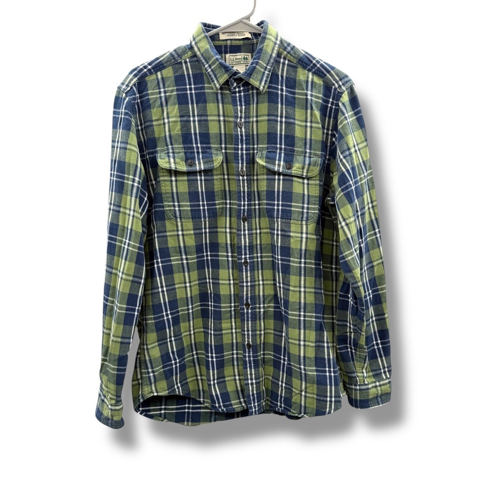 L.L. Bean Scotch Plaid Flannel Shirt Men's Medium Green‎ Blue Cotton Casual